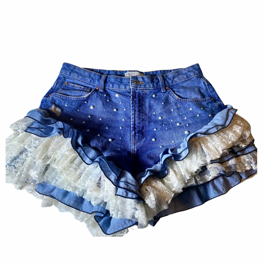 Denim x Lace ruffle shorts